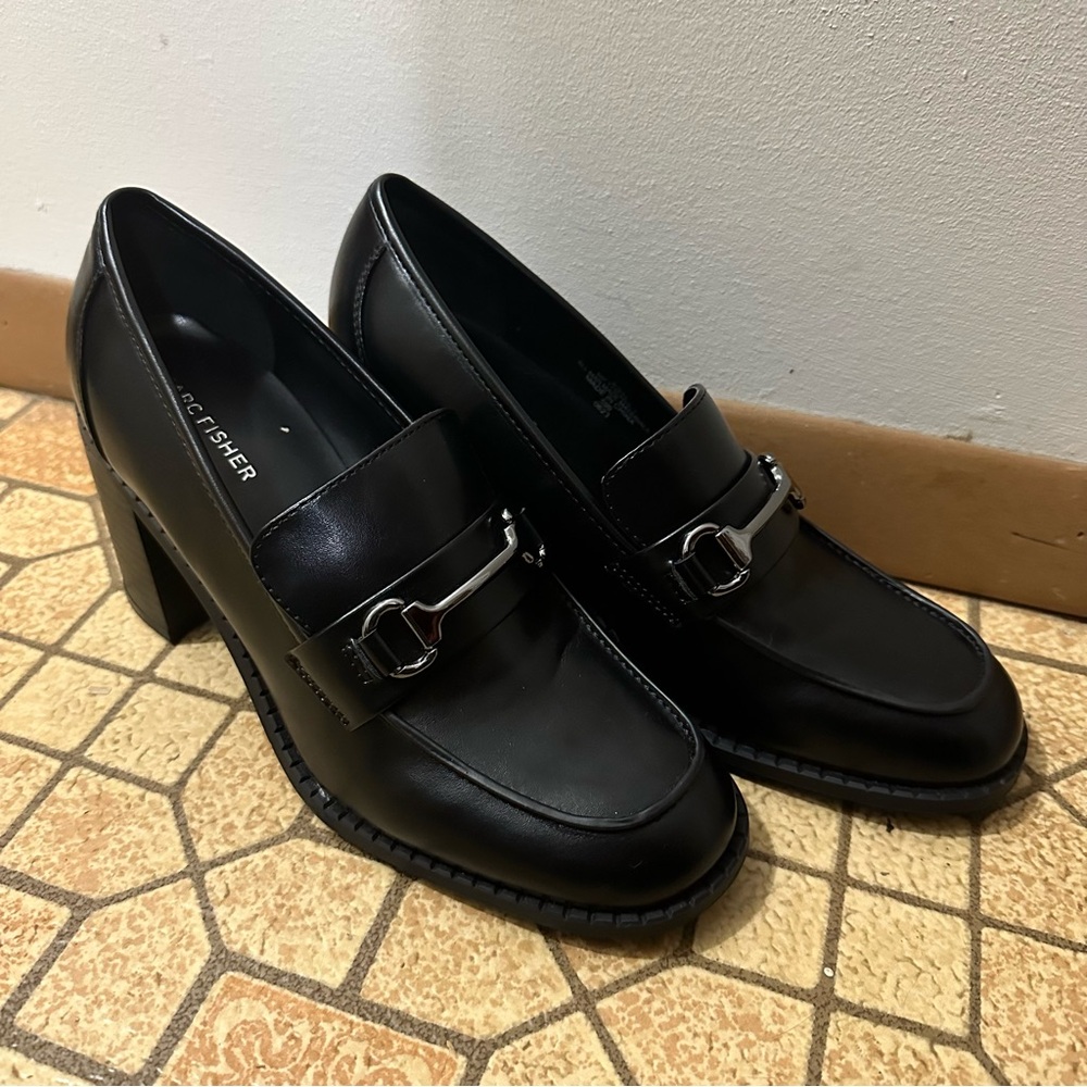 MARC FISHER WOMENS BLACK DANCEL CHUNKY HEELS‎ LOAFER HORSE BIT DETAIL SIZE 8.5